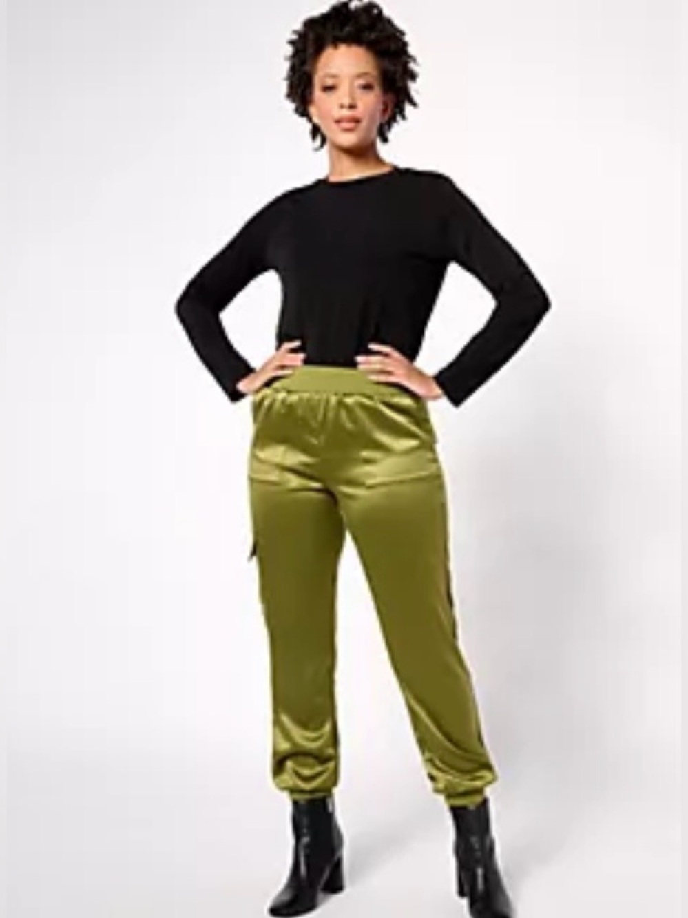 LOGO by Lori Goldstein Satin Cargo Pants with Rib Waistband in Olive Branch